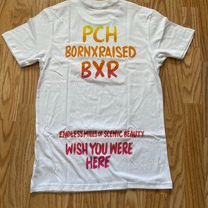 BORN X RAISED White Tee with Orange and Pink Text